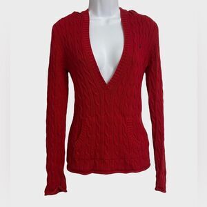 Old Navy Perfect Fit V-Neck Cable Knit Sweater Women's Size M Red Hooded Pockets